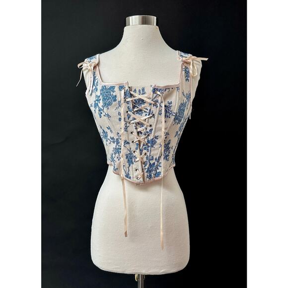 Vintage Tops - Retro Romantic Castlecore Rococo Blue Delft Floral Corset Lace Up Top